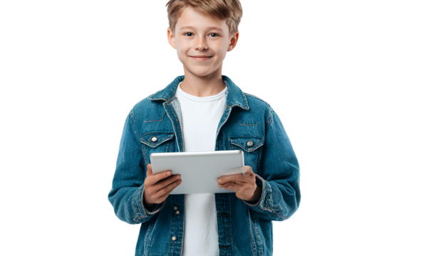Boy holding a tablet smiling and learning with technology