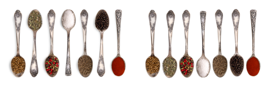 Set of antique metal spoons with spices and herbs: coriander, peppercorns, salt, and paprika powder. Isolated on a transparent background. Cut out. With and without shadow. Cooking, diet. Close up.PNG