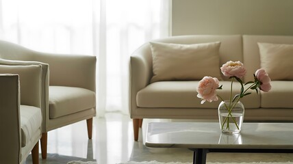 Serene Living Room Design with Soft Beige Furniture and Delicate Floral Accents