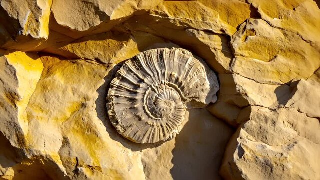 Fossil in rock. A closeup of a fossilized ammonite on a rock surface.