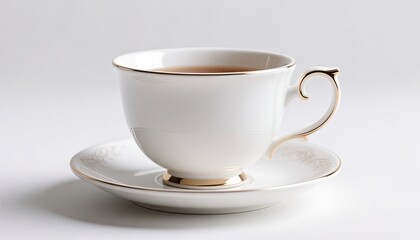 Fototapeta premium Elegant white porcelain teacup and saucer filled with hot beverage isolated on white background