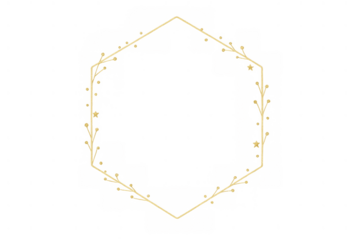 Gold glittering hexagon frame with sparkling light particles against transparent background