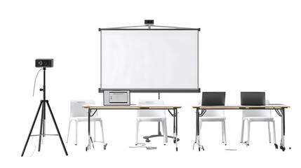 Classroom setup with projector screen and laptops isolated on transparent background.