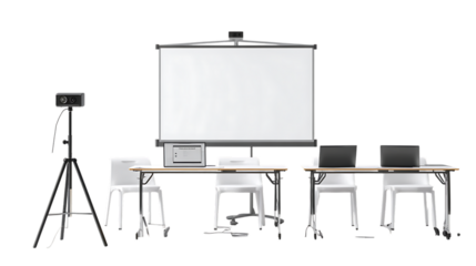 Classroom setup with projector screen and laptops isolated on transparent background.