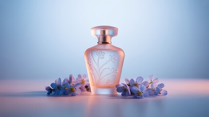Elegant Perfume Bottle Adorned with Delicate Purple Flowers in Soft Lighting