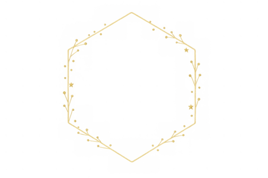 Gold glittering hexagon frame with sparkling light particles against transparent background