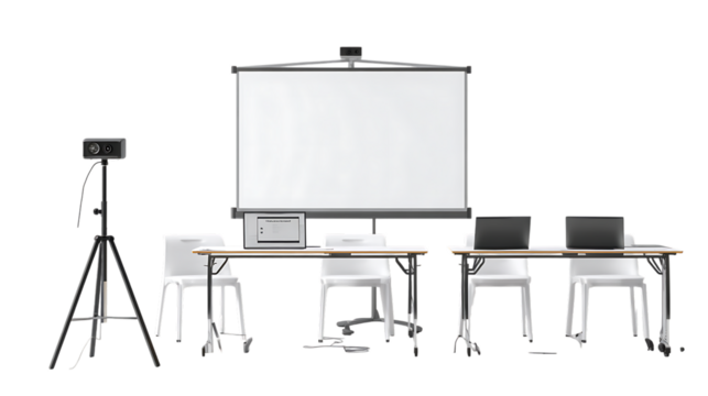 Classroom setup with projector screen and laptops isolated on transparent background.