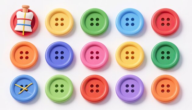 Collection of colorful sewing buttons and a spool of thread isolated on white background