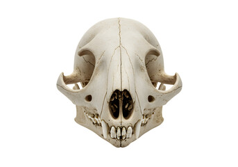 Frontal view of a mammal predator skull with sharp teeth, isolated on a pure white background