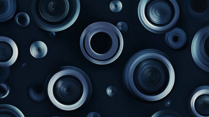 Abstract pattern of metallic rings and spheres on a dark surface, creating a futuristic design. The metallic surfaces reflect light