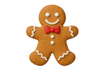 Gingerbread man cookie with red bow tie, smiling for christmas and festive holiday celebrations, transparent background