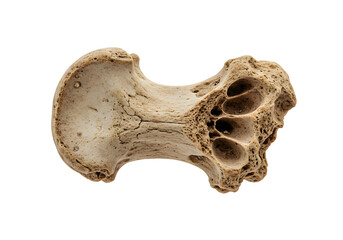 Close-up of a single ancient bone fragment with intricate internal structure on a white background