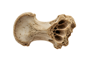 Close-up of a single ancient bone fragment with intricate internal structure on a white background