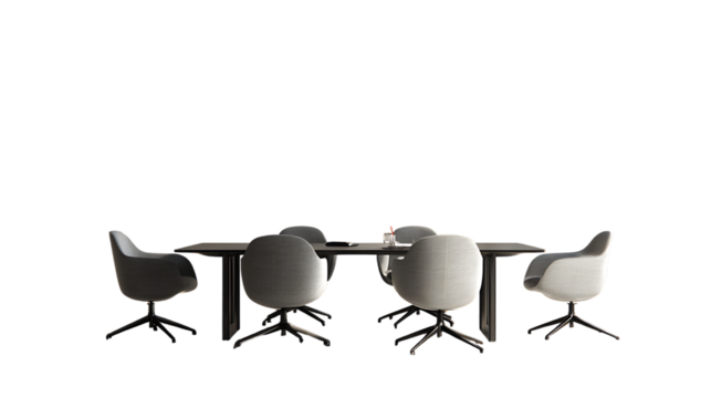 Conference table with six chairs isolated on transparent background.