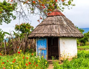 Rustic thatched hut nestled in a vibrant garden