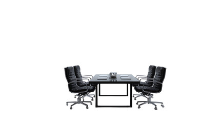 Conference room setup with black chairs and table isolated on transparent background.