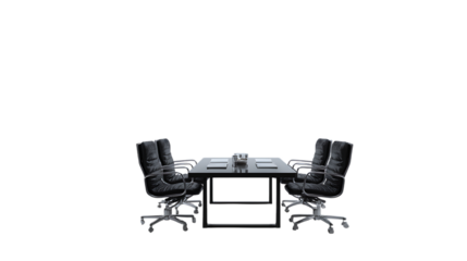 Conference room setup with black chairs and table isolated on transparent background.