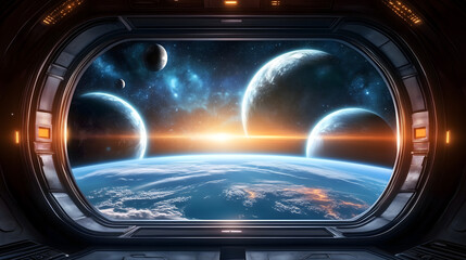 Modern spaceship seats look out on Earth, moon, and shining stars, all framed by a large window in space.