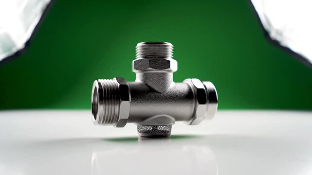 Close up of a metallic T-shaped pipe fitting on a white surface.