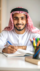 Young Arab man in traditional clothing studying and writing in a notebook.