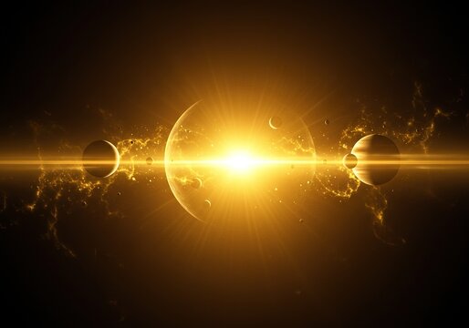 Golden cosmic energy illuminating distant stellar formations, creating a mystical atmosphere of ancient planetary alignment and celestial wonder ,bright ,spiritual ,glow