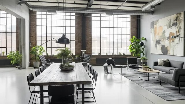 Modern industrial loft interior with exposed brick, large windows, and contemporary furniture
