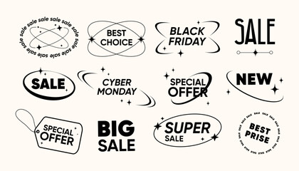 Minimalist sale badges, labels, and stamps set with promotional text for Black Friday, Cyber ​​Monday, product packaging, online stores, social media ads, posters, and marketing. Vector illustration