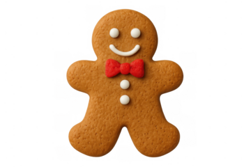 Gingerbread man cookie with happy smiling icing face and red bow tie, an iconic sweet treat for winter and christmas holidays