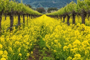 Mustard Vineyard: A Scenic Countryside View of Grapevines and Mustard Plants in Napa Valley
