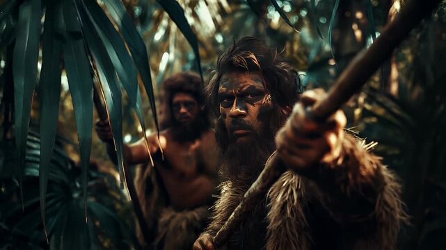 Aboriginal man with tribal face paint and spear in jungle settingAborigsian man with spear in dense jungle setting.