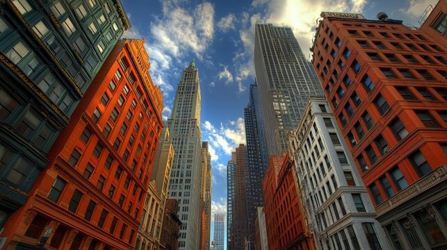 Tall buildings rise into a partly cloudy blue sky, forming a dense urban landscape in a tilted perspective.
