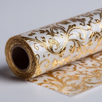 Delicate chocolate transfer sheet design a gold leaf pattern on a thin film of cocoa butter before application isolated on a plain background