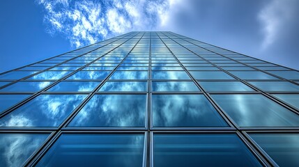 Tall glass building reflects sky and clouds from a low angle perspective. - high quality Tall glass building reflects sky and clouds from a low angle