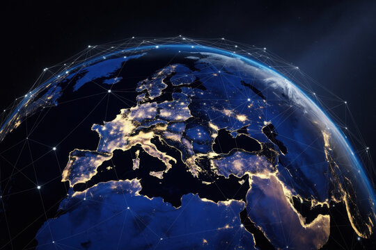 Earth at night with glowing network over Europe globe