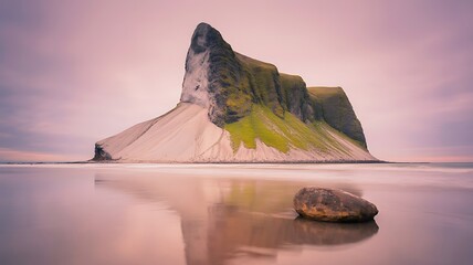 Majestic rocky island formation reflected in calm water under a dramatic sky