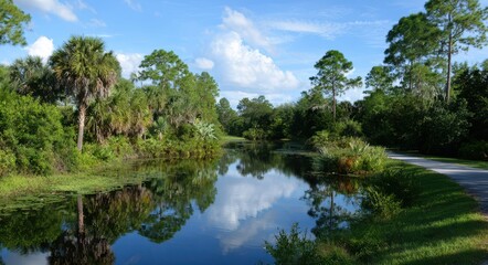 Fototapeta premium Native Florida Plants. Port St. Lucie Botanical Gardens Landscape with River and Sky