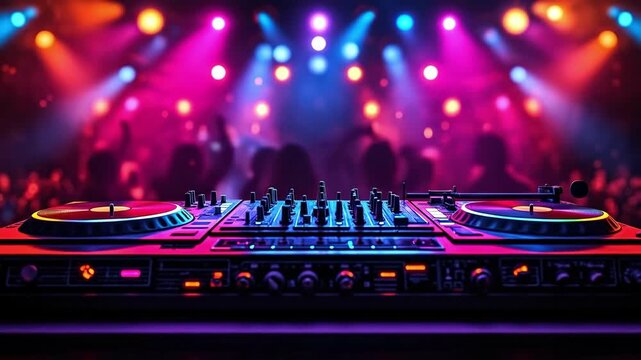 Vibrant dj booth with turntables under colorful stage lights at a music concert