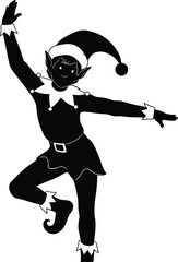 Dancing Christmas elf silhouette in festive costume with hat and curled shoes, joyful holiday character illustration for celebration, decoration, fantasy art, and winter season design