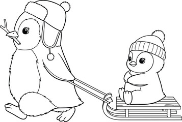 Cute penguins playing in winter snow, adorable penguin pulling sled with friend, black and white cartoon illustration for coloring book and Christmas holiday design