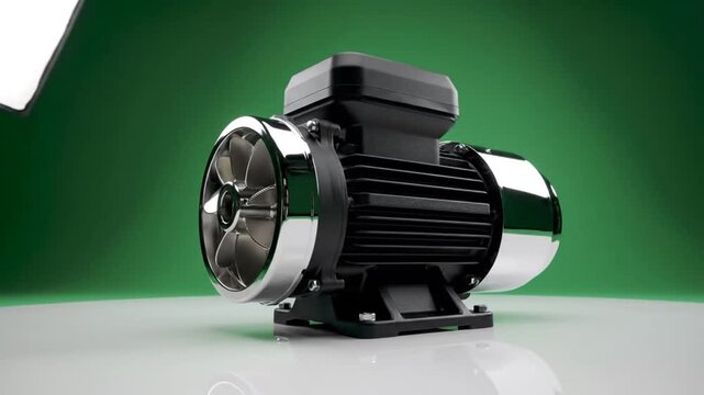 Electric Motor on Green Background - Powerful Industrial Equipment.