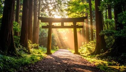 Sunrise through a torii gate in a forest