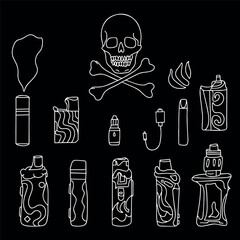 A set of doodle-style electronic cigarettes on a black background. Modern illustrations of smoking, vaping, and nicotine. Quit smoking and vaping. Vector