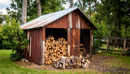 Rustic wooden shed filled with firewood