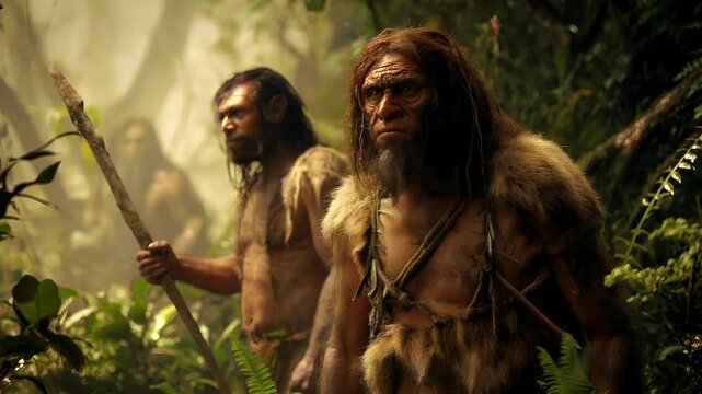 A vivid portrayal of a prehistoric setting, with a central figure resembling a man with a long beard and a fur cloak. The mans face is partially obscured by the dense foliage.