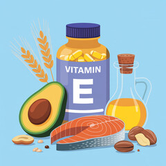 A flat design illustration of vitamin E supplements and healthy foods arranged on a light blue background.