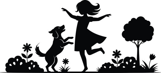 Child playing with dog, silhouette illustration, outdoor nature scene, black and white art, joyful moment, flowers, bushes, trees, ball