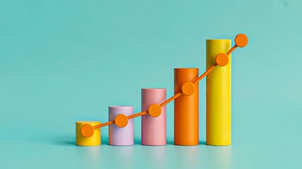 Colorful 3D bar chart with rising line showing business growth and success concept
