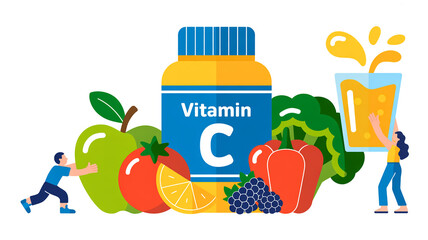 A flat design illustration of vitamin C supplements and healthy foods arranged on a white background.