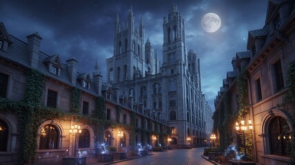 Majestic Gothic Castle Illuminated by Moonlight and Lanterns on a Mysterious Night