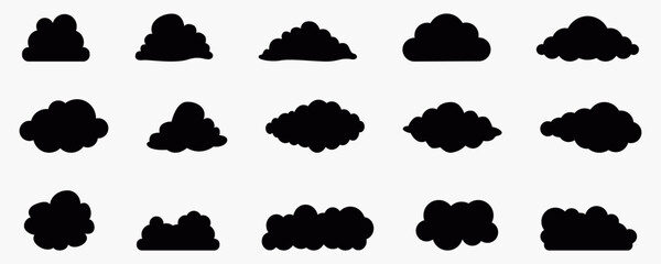 Cartoon cloud silhouette vector collection featuring different shapes and styles for weather, nature, and sky illustration, minimal flat icon set for digital design projects